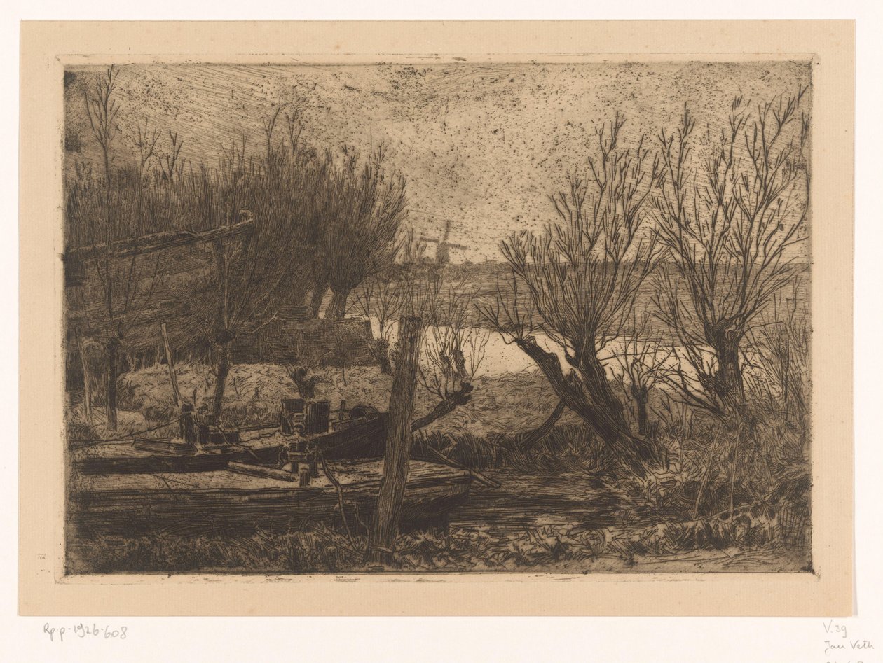Landschap met schuiten in een sloot nabij een vaart door Jan Veth
