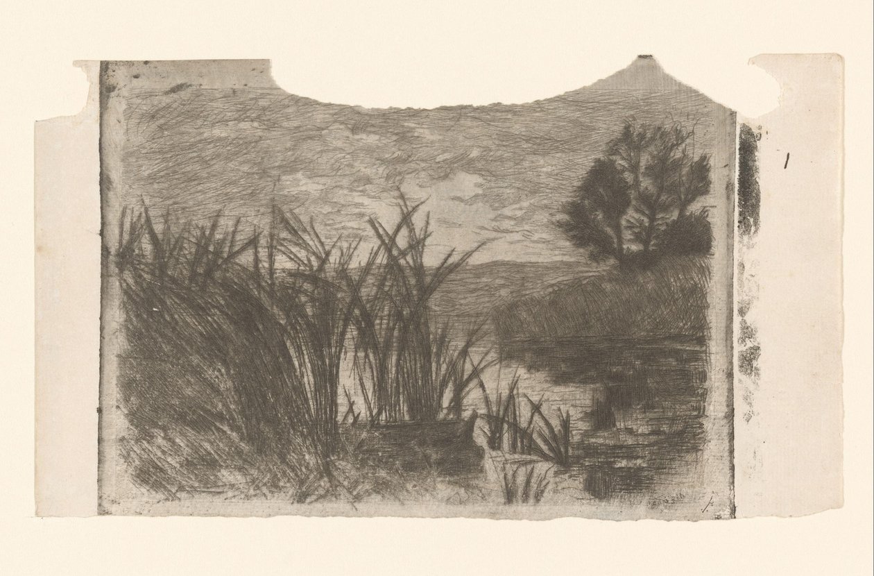 Landschap met water, riet en roeiboot door Jan Veth