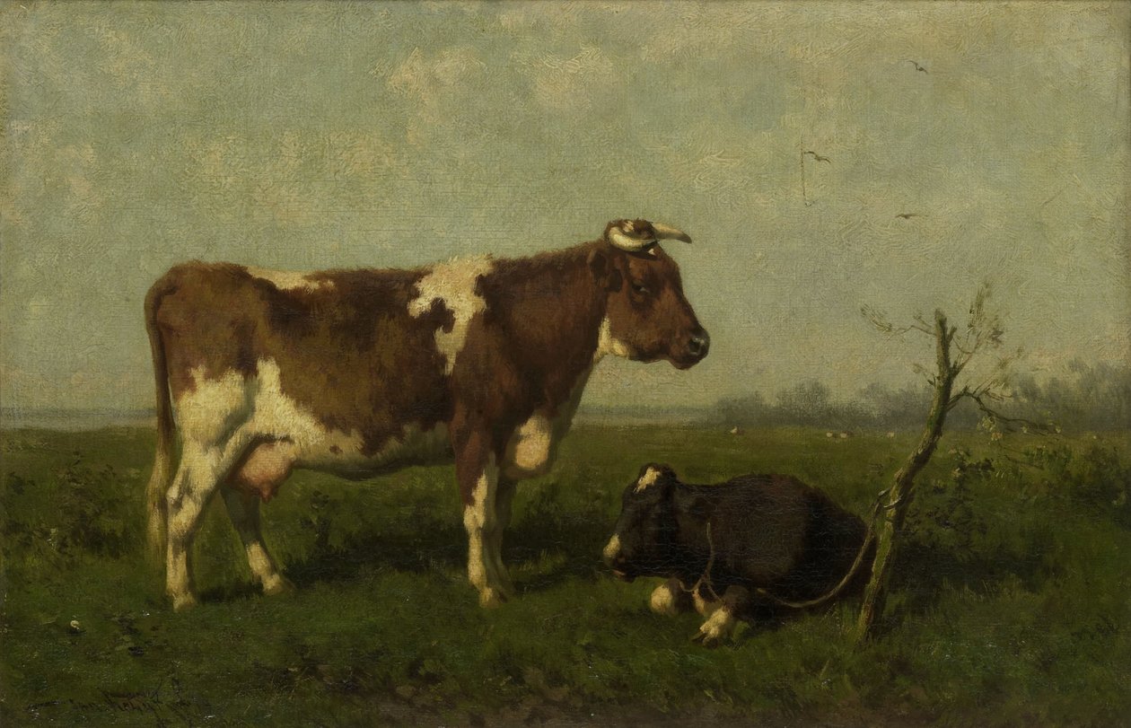 Een koe met haar kalf in een weide door Johannes Martinus Vrolijk