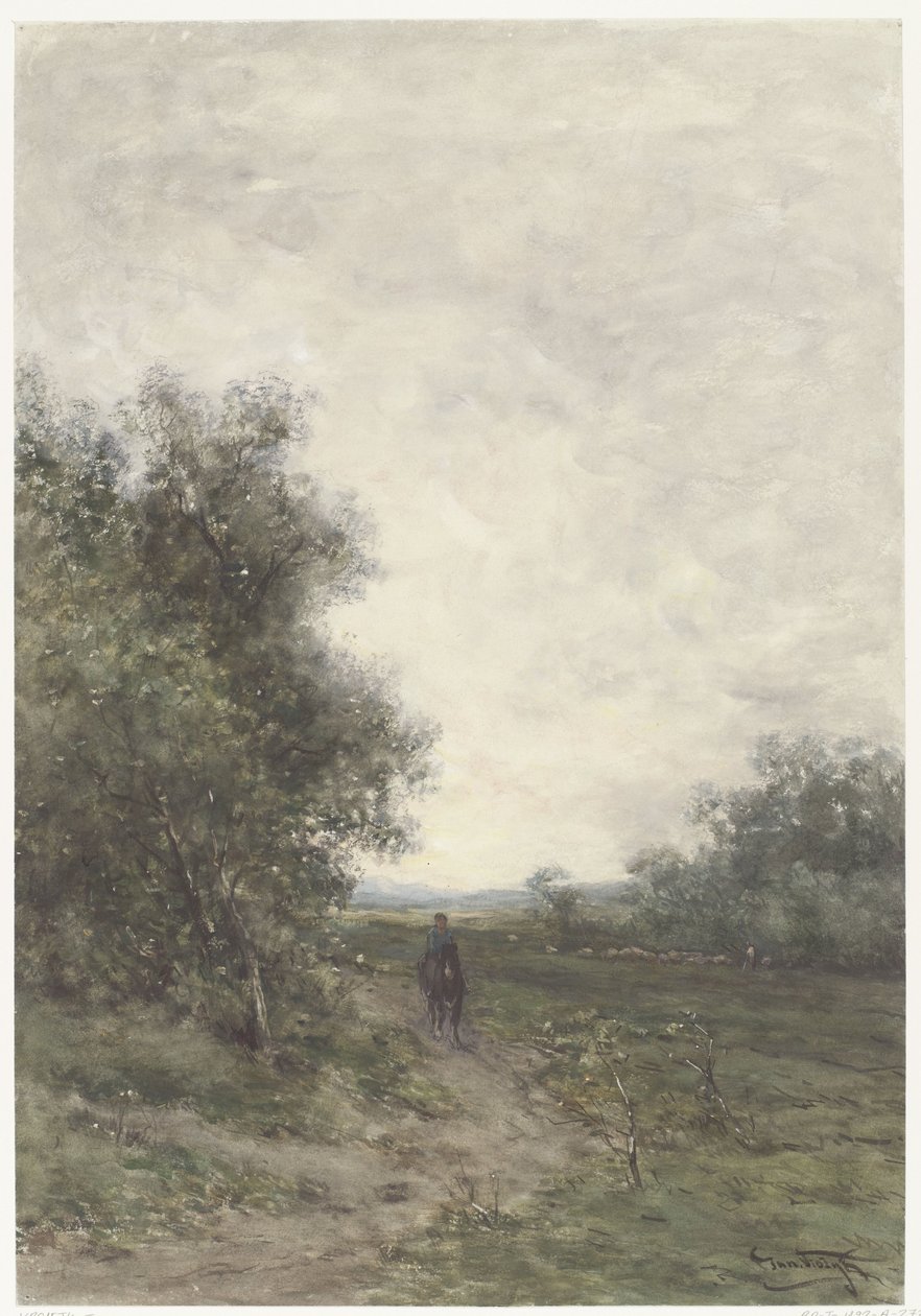 Landschap met een ruiter en een kudde schapen met herder door Johannes Martinus Vrolijk