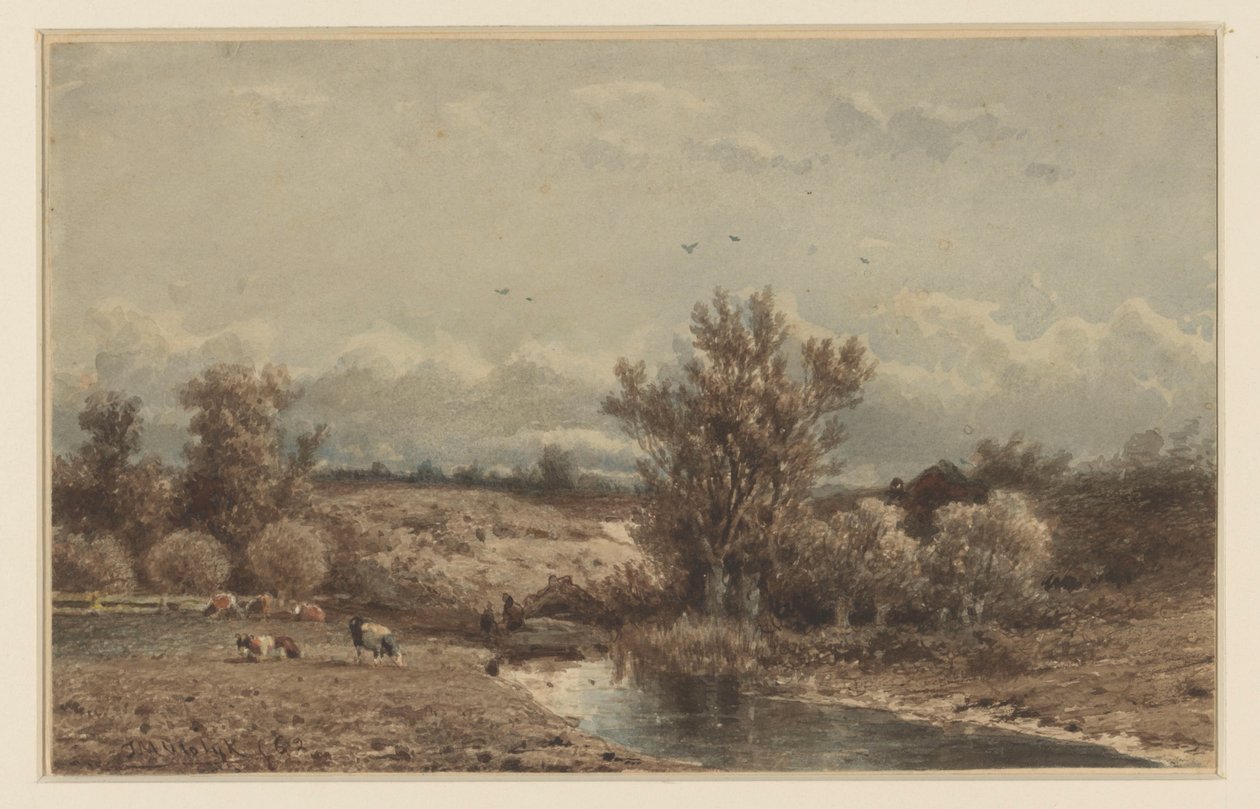 Landschap met rivier en koeien door Johannes Martinus Vrolijk