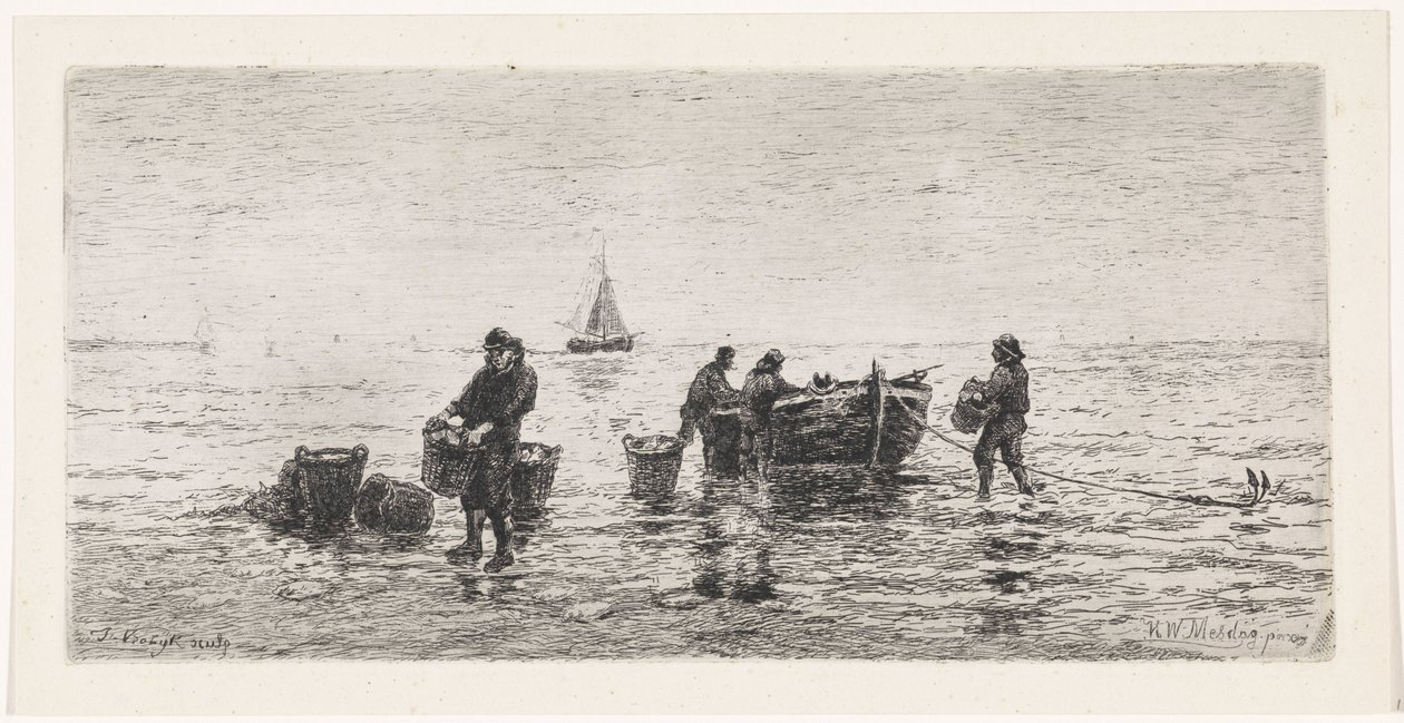 Vissers halen een sloep leeg op het strand door Johannes Martinus Vrolijk