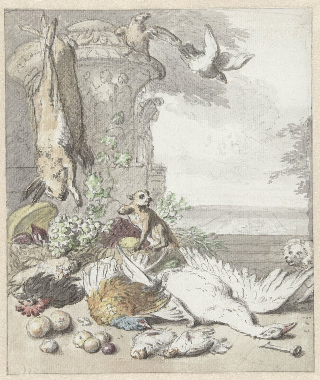 Dood wild, een aap, een hond en enige vogels door Jan Baptist Weenix