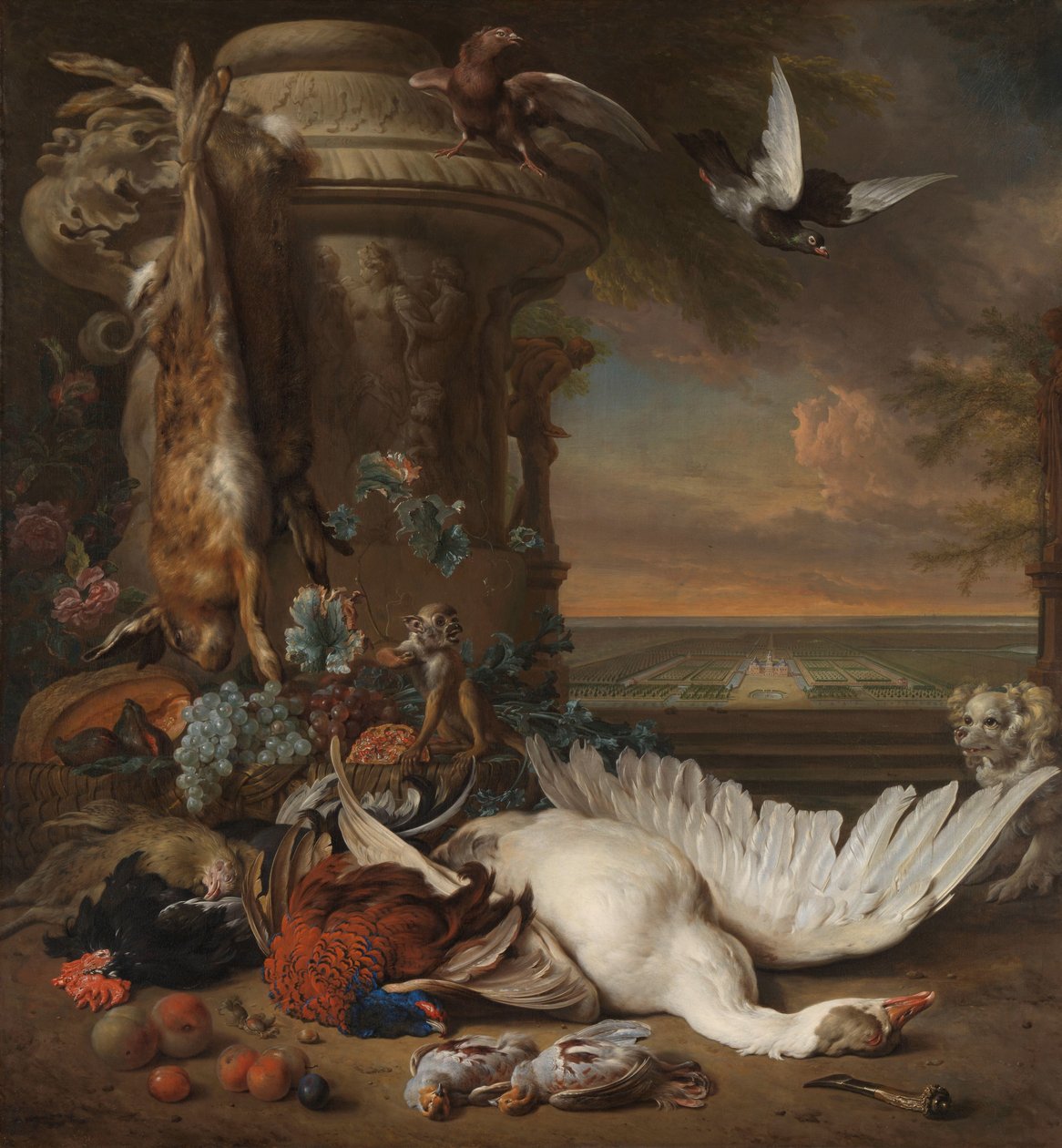 Jacht- en Fruitstilleven naast een Tuinvaas, met een Aap, Hond en twee Duiven, in de verte Rijksdorp bij Wassenaar, Zetel van Jacob Emmery, Baron van Wassenaar door Jan Baptist Weenix