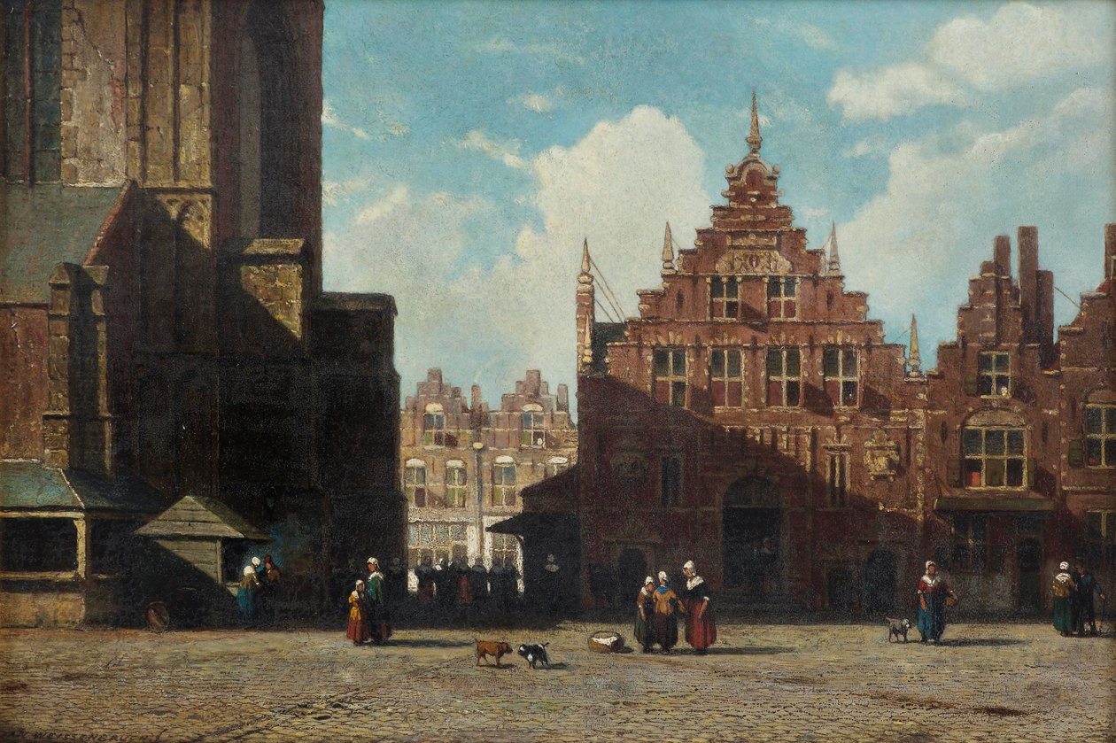 Een zonnig uitzicht op de Grote Markt met de Sint-Bavokerk en de Vleeshal, Haarlem door Jan Weissenbruch