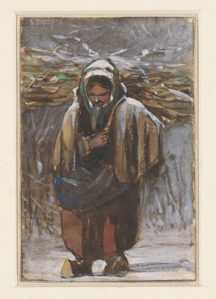 Boerin met sprokkelhout op haar rug in winterlandschap door Jan Weissenbruch