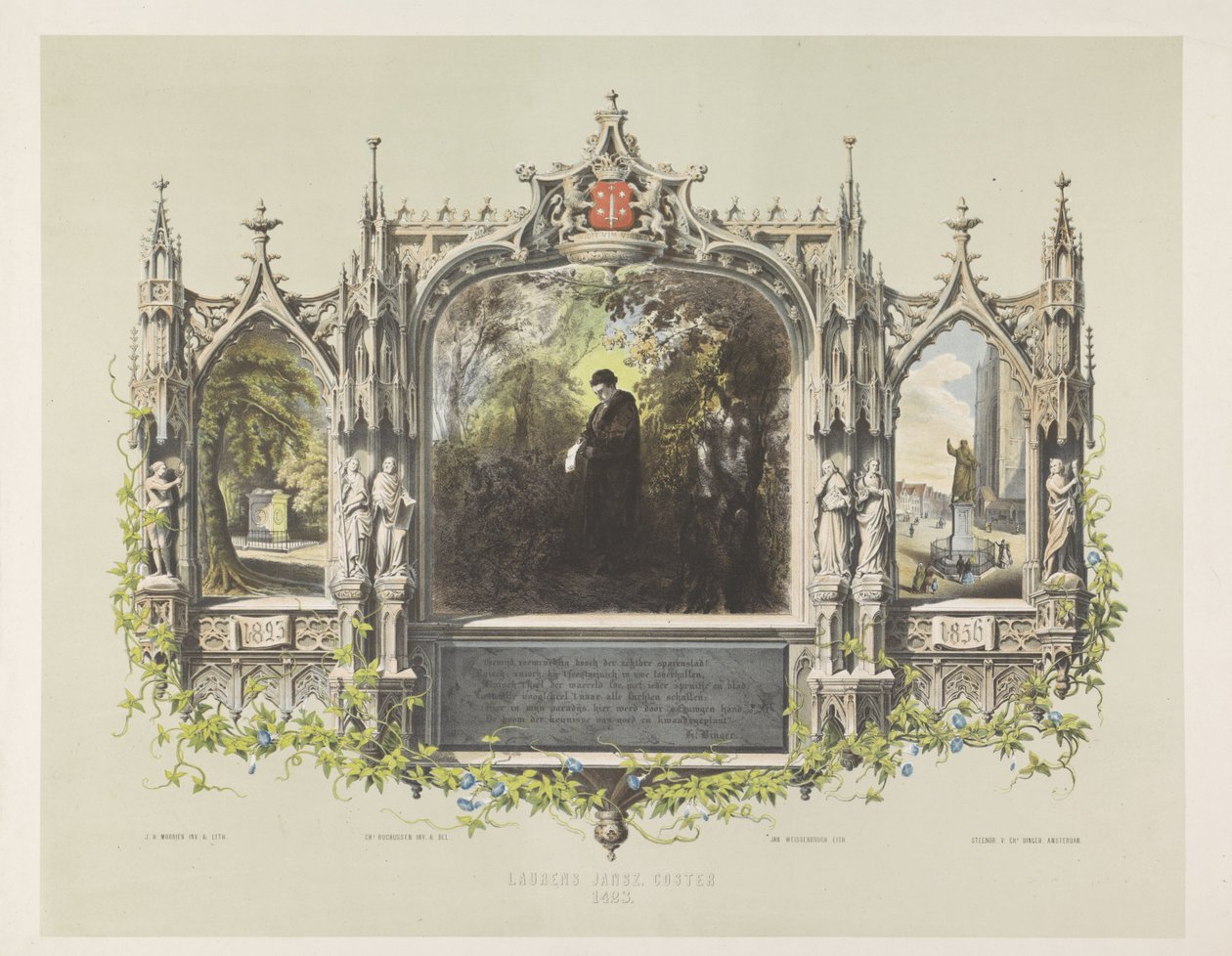 Gedenkplaat voor Laurens Coster bij de feestelijkheden rond de onthulling van het standbeeld te Haarlem, 1856 door Jan Weissenbruch