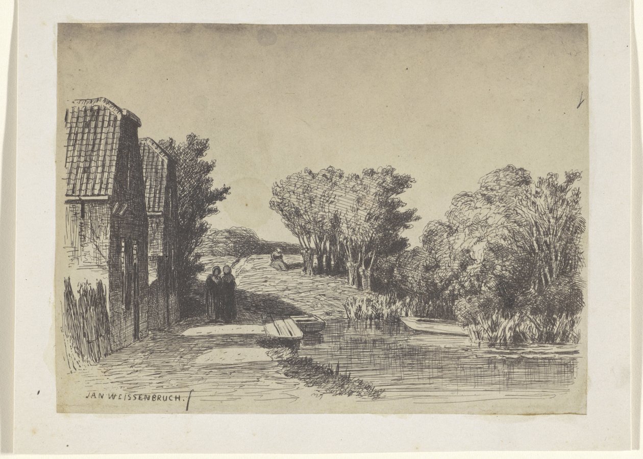 Twee huizen aan het water door Jan Weissenbruch