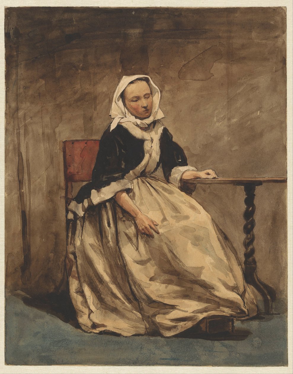 Zittende vrouw naast een kleine tafel door Jan Weissenbruch
