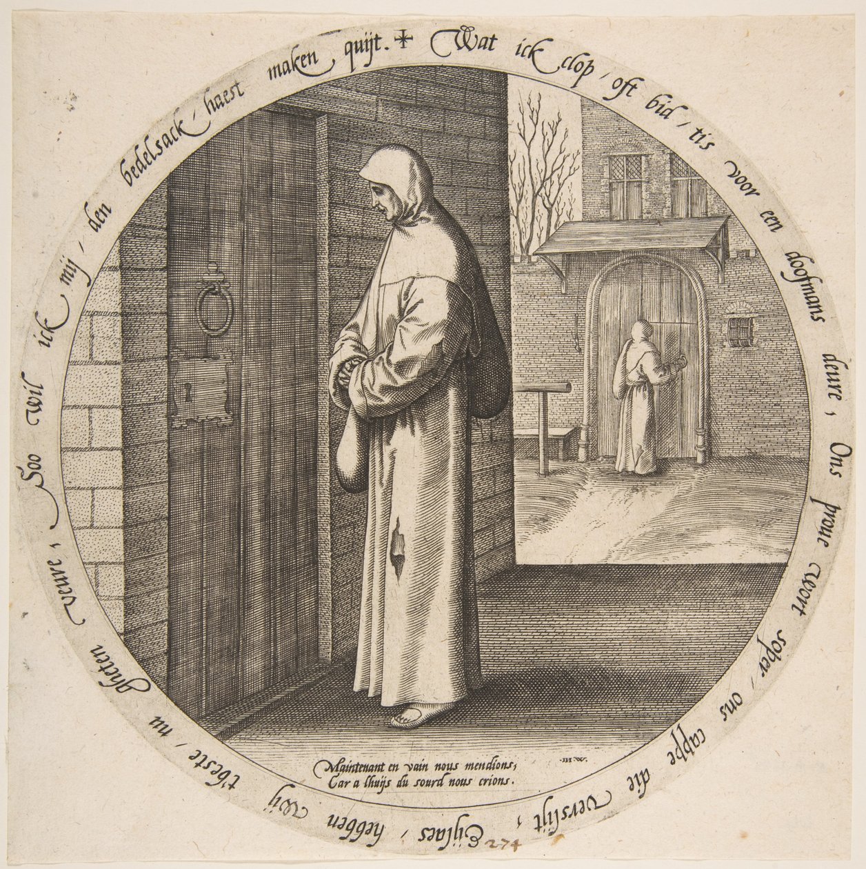 Tevergeefs bedelen aan de deur van de dove, uit Twaalf Vlaamse Spreekwoorden, ca. 1568 door Jan Wierix