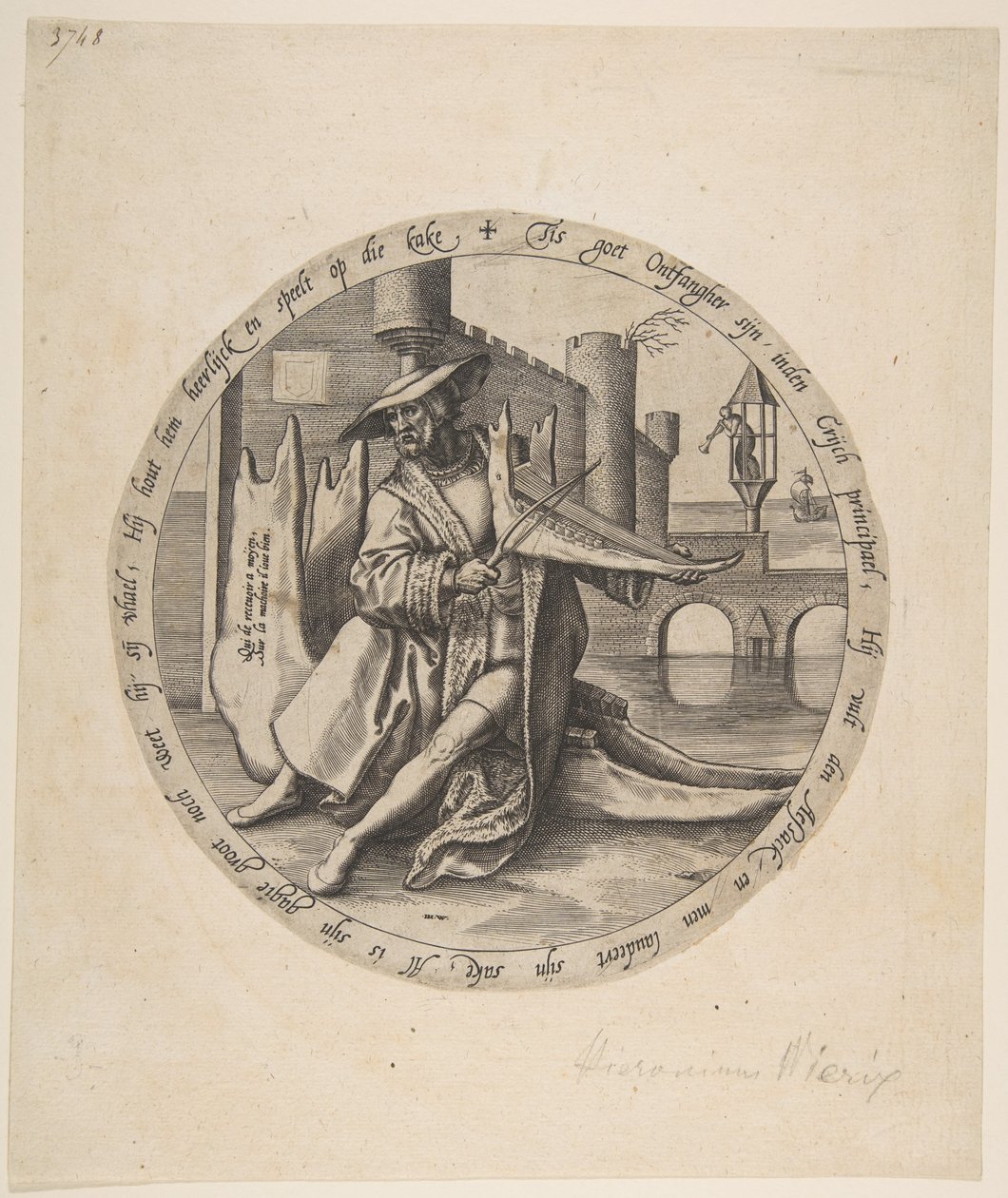 De rijke man die viool speelt op een kaakbeen, ca. 1568 door Jan Wierix
