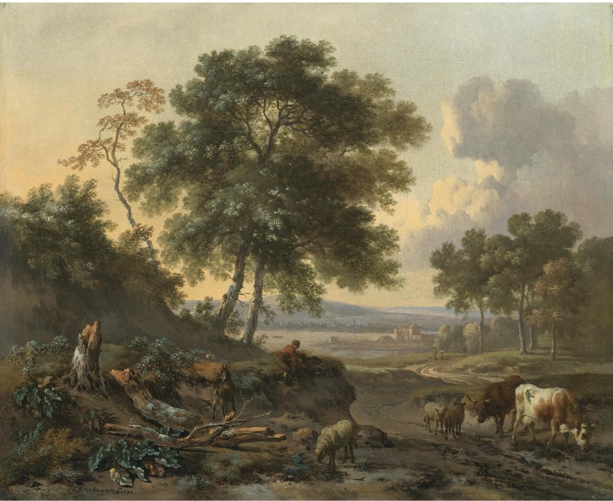 Dutch: Landschap met vee bij een doorwaadbare plaats Landscape with cattle at a wading place door Jan Wijnants