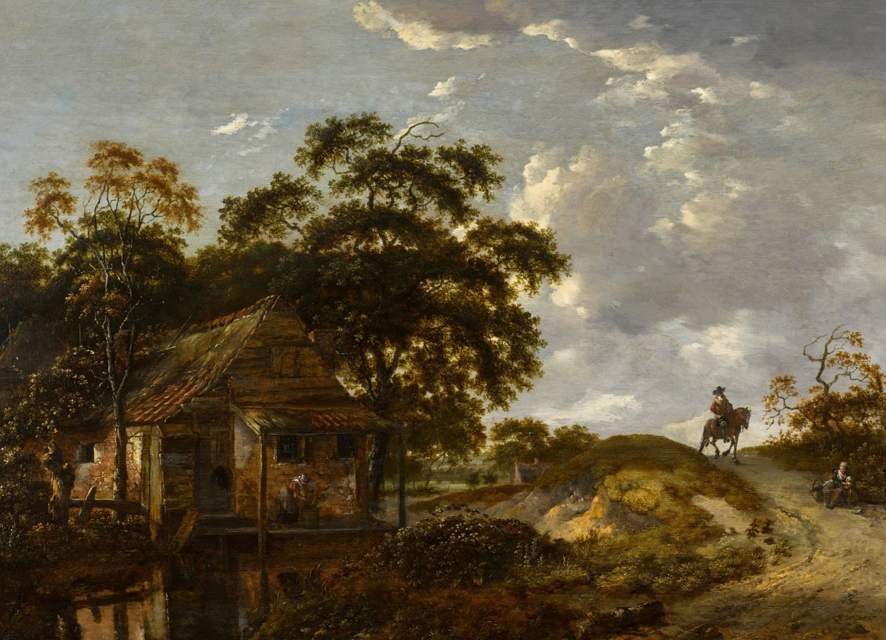 Landschap met een huisje bij een rivier en een vrouw die een pot schuurt, een heer te paard op een pad door Jan Wijnants
