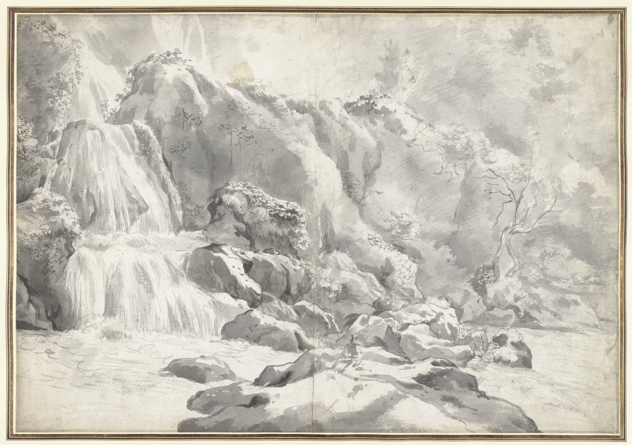 Gezicht op de waterval bij Tivoli met een tekenaar door Jan Worst (attributed to)