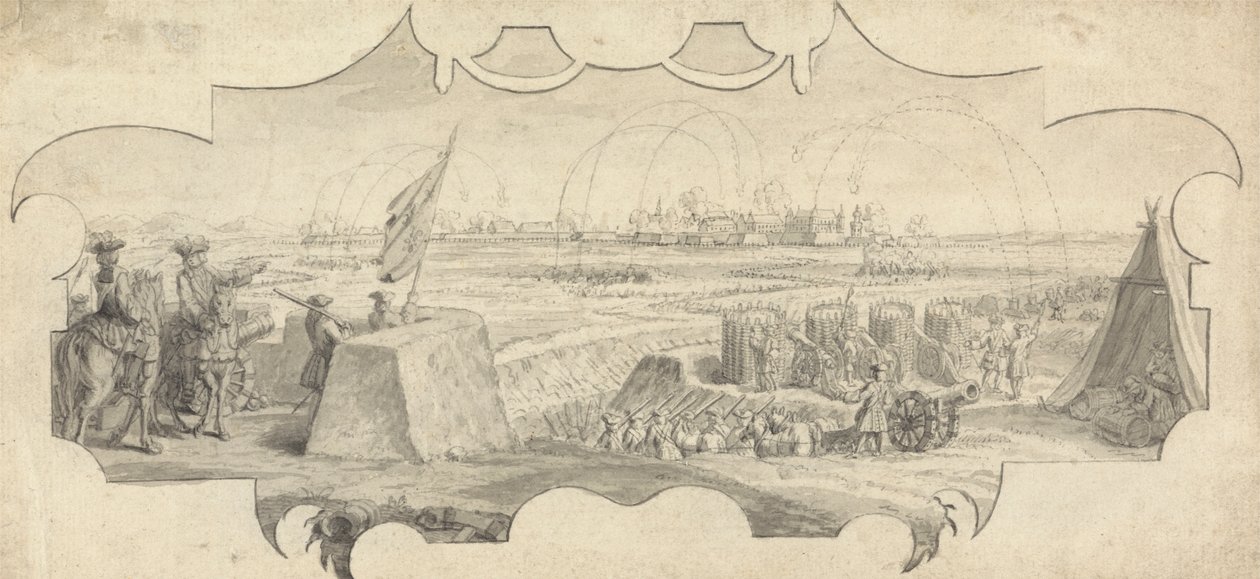 Een officier op een wal die het bombardement van een verre stad leidt door Jan Wyck