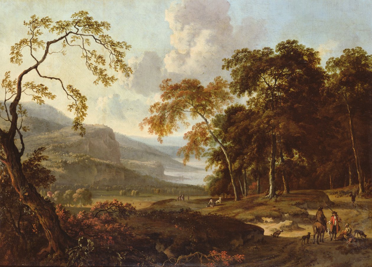 Een jachtpartij in een klassiek landschap, ca. 1672-77 door Jan Wiynants