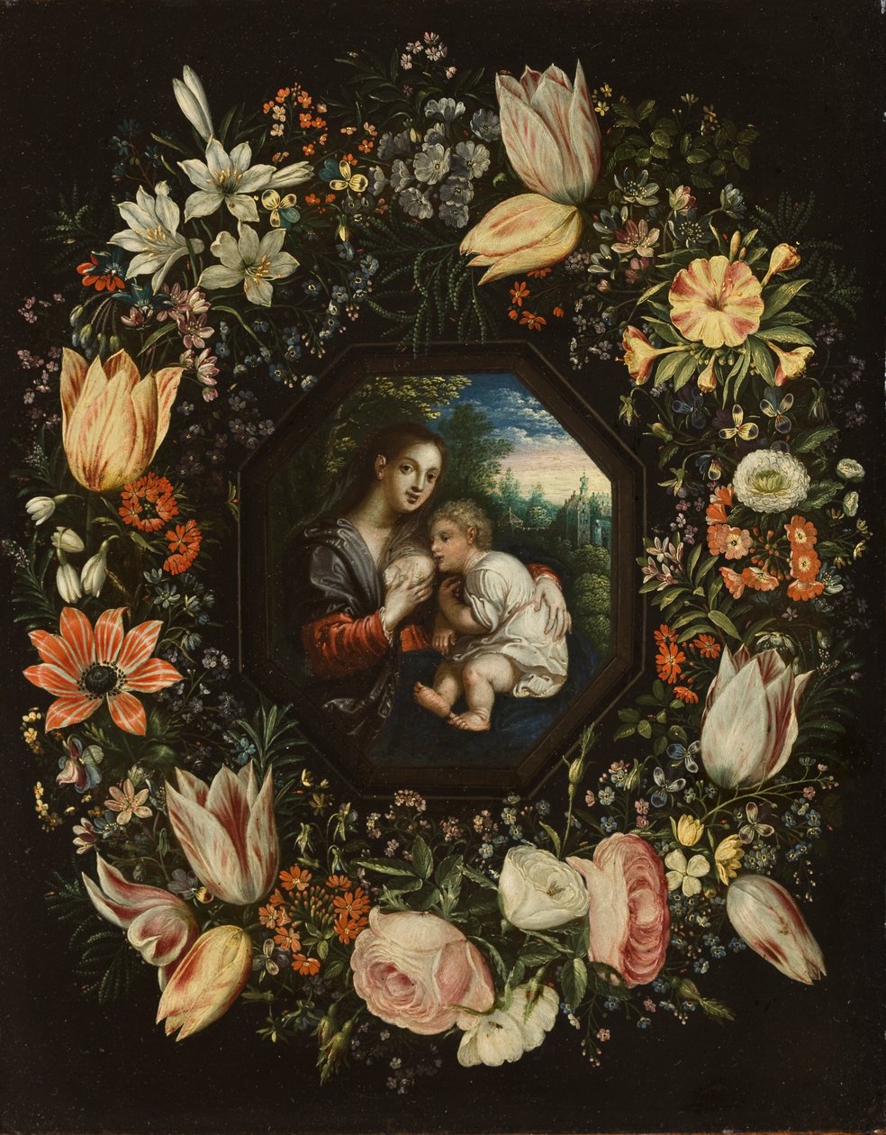 Madonna en Kind in een bloemenkrans, c.1625 door Jan and Balen, Hendrik van Brueghel