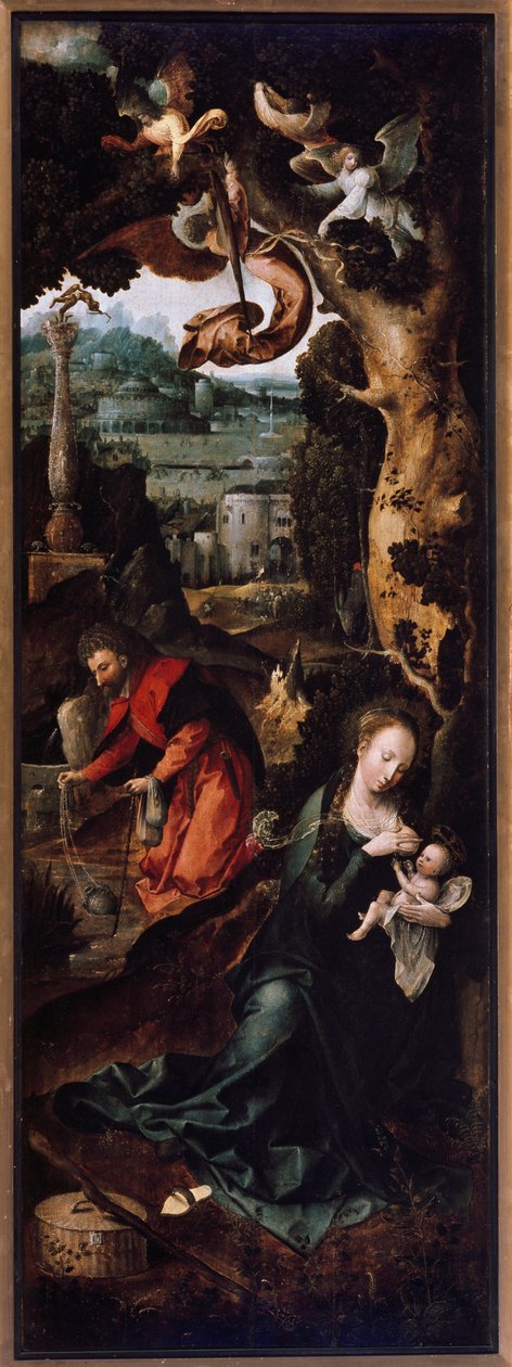 Drieluik van de aanbidding der wijzen, geboorte en rust tijdens de vlucht naar Egypte (detail) door Jan de Beer