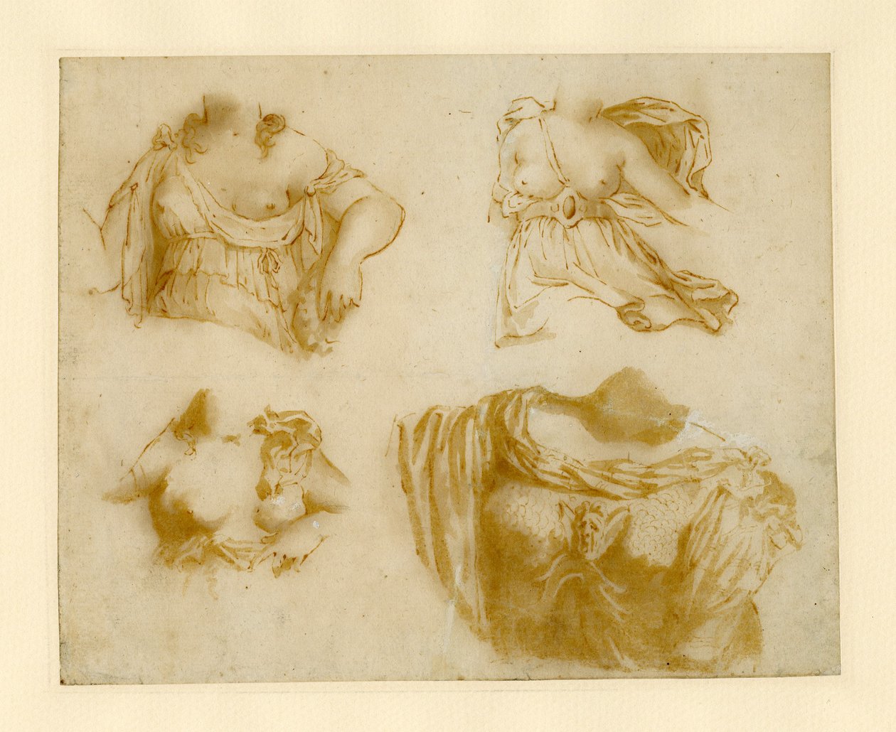 Vier studies van een gedrapeerde torso. door Jan de Bisschop