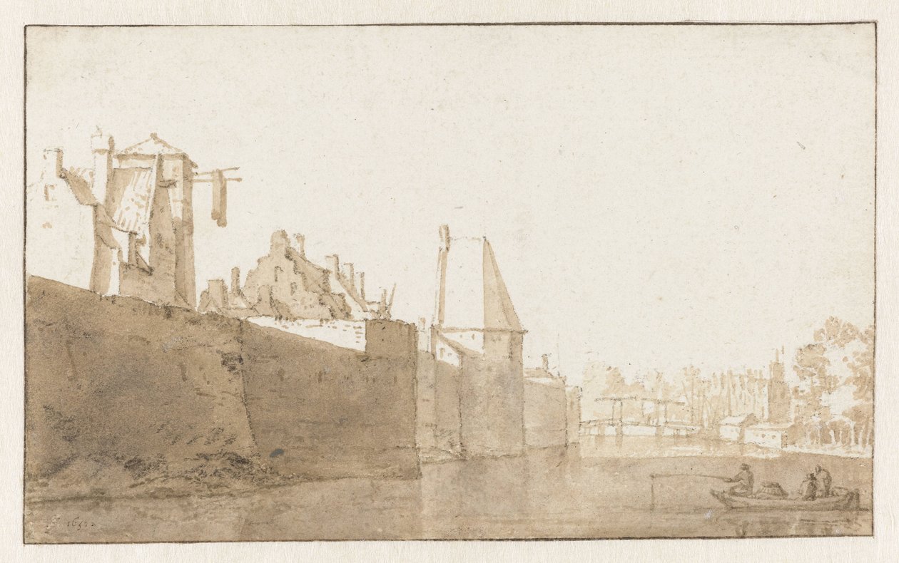 Gezicht op de stadsmuur van Leiden door Jan de Bisschop