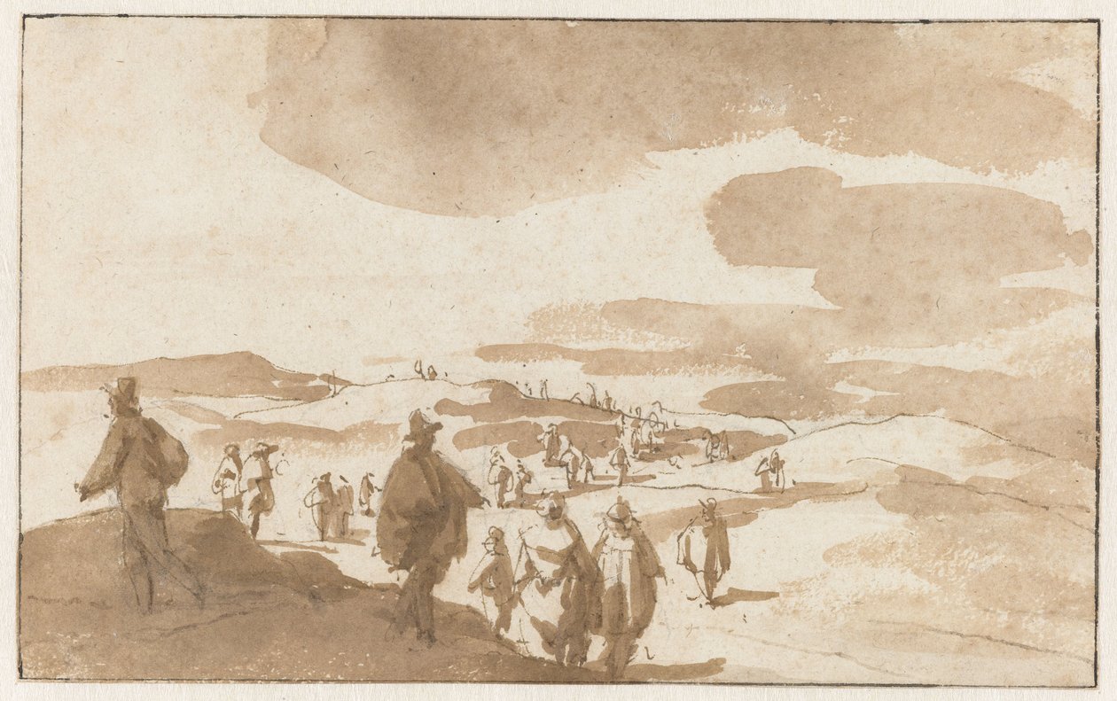 Mensen in de duinen te Scheveningen door Jan de Bisschop