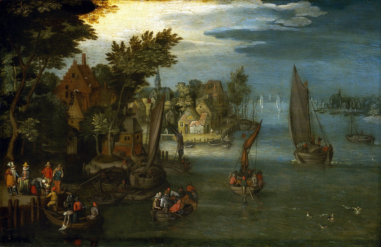 De levendige oever van een rivier, met Nederlandse boten en passagiers ...
