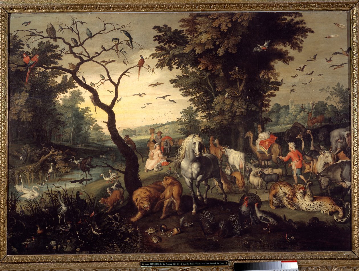 Ingang in de ark Dieren gaan de ark van Noach binnen voor de zondvloed. Schilderij door Jan Breugel de Oude genaamd Bruegel de Fluwelen door Jan the Elder Brueghel