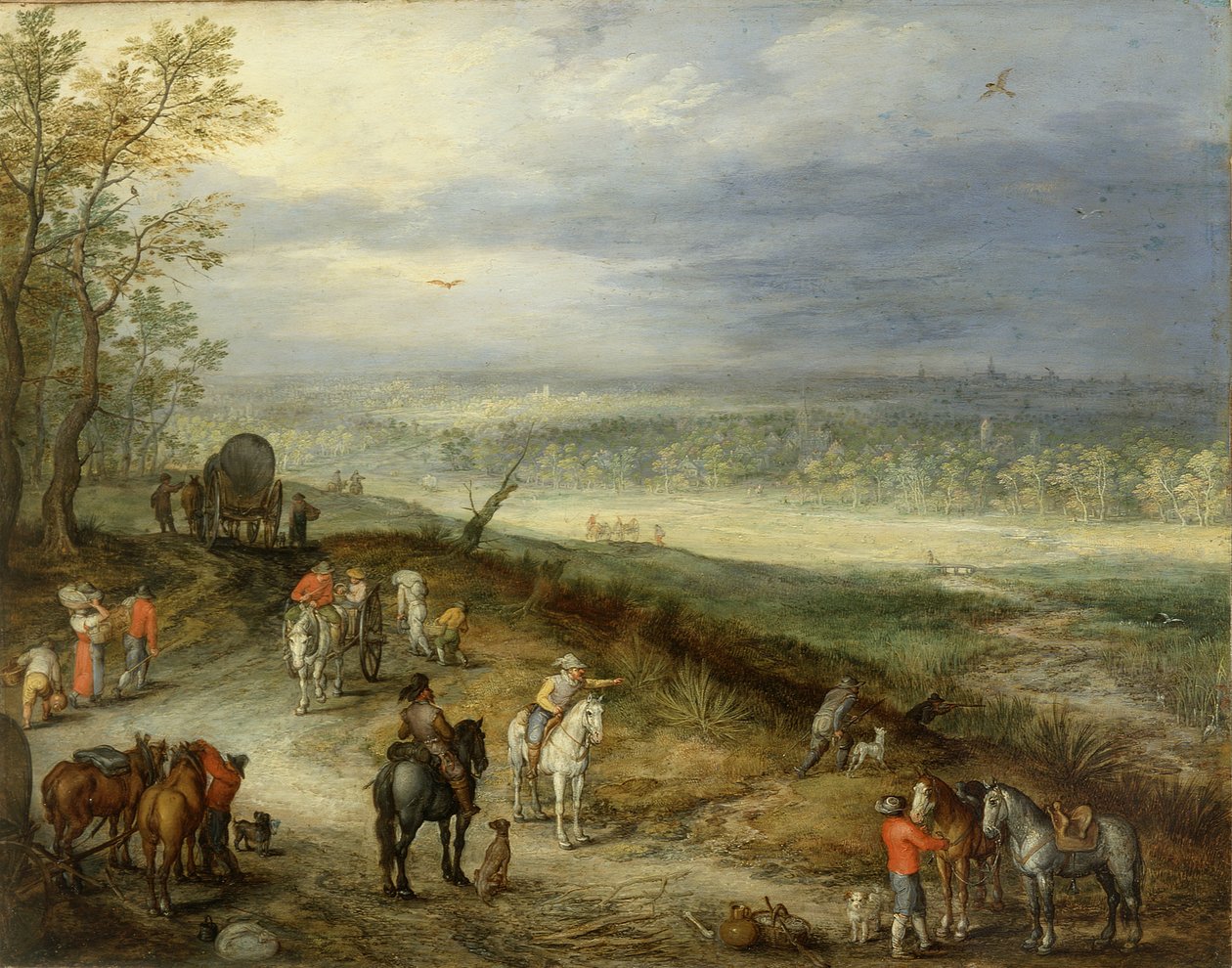 Uitgestrekt landschap met reizigers op een landweg, ca. 1608-10 (olieverf op koper) door Jan the Elder Brueghel