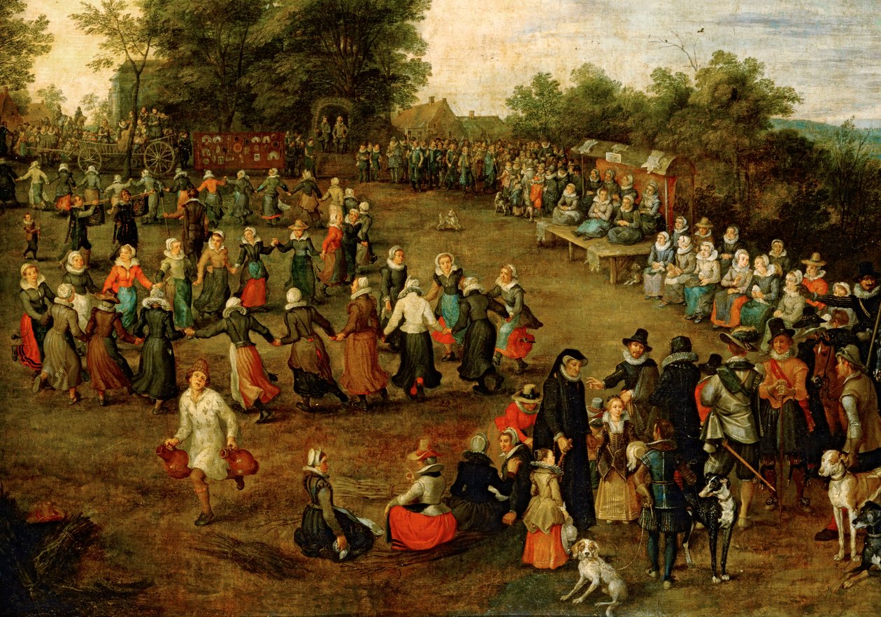 Volksdans voor de aartshertogen ... (schilderij op doek) door Jan the Elder Brueghel