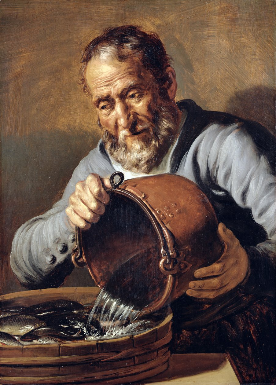 Water en ouderdom: Visverkoper met emmer en bak met vis door Jan the Elder Lievens