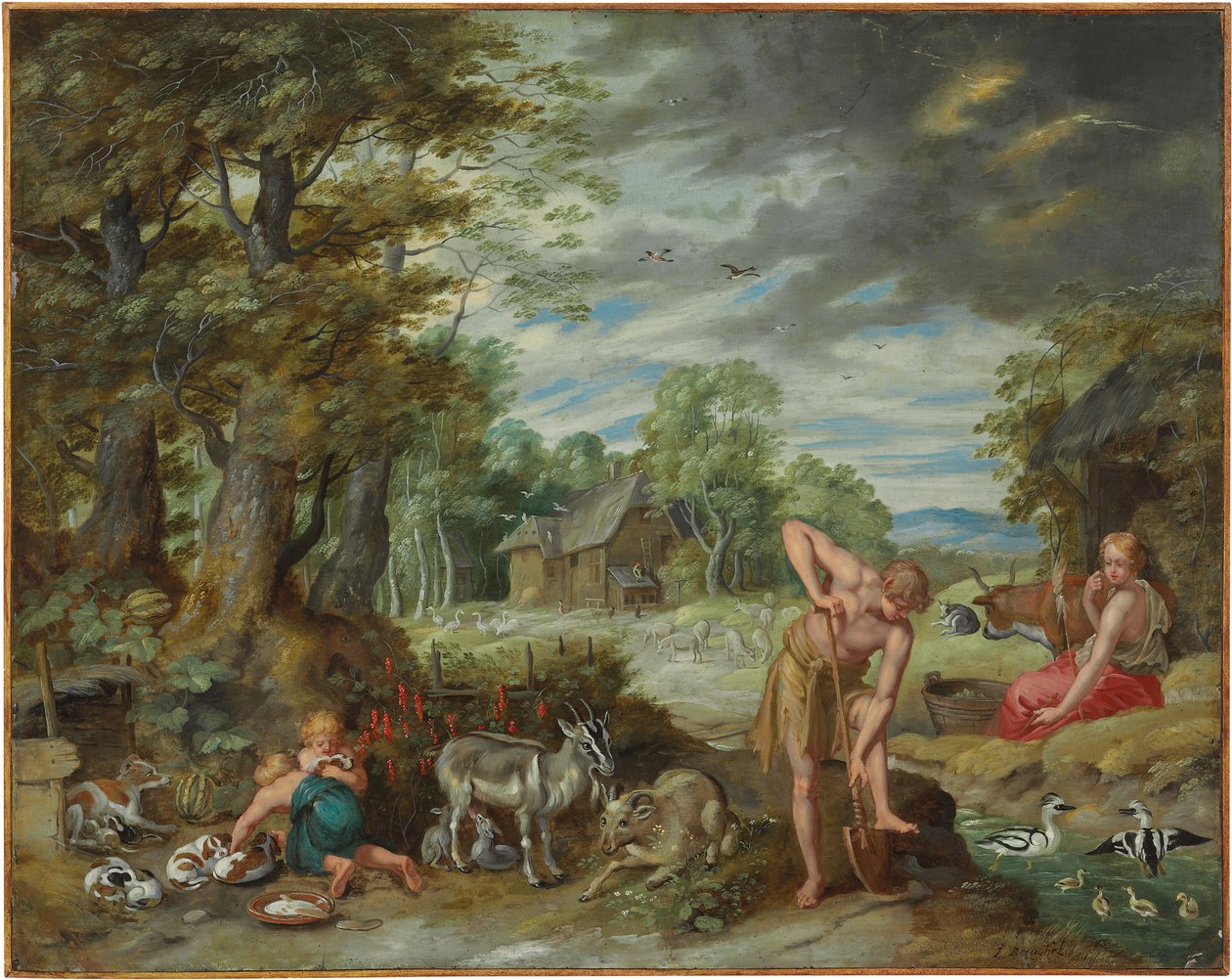 Adam aan het werk in een veld, uit Het verhaal van Adam en Eva door Jan Brueghel the Younger