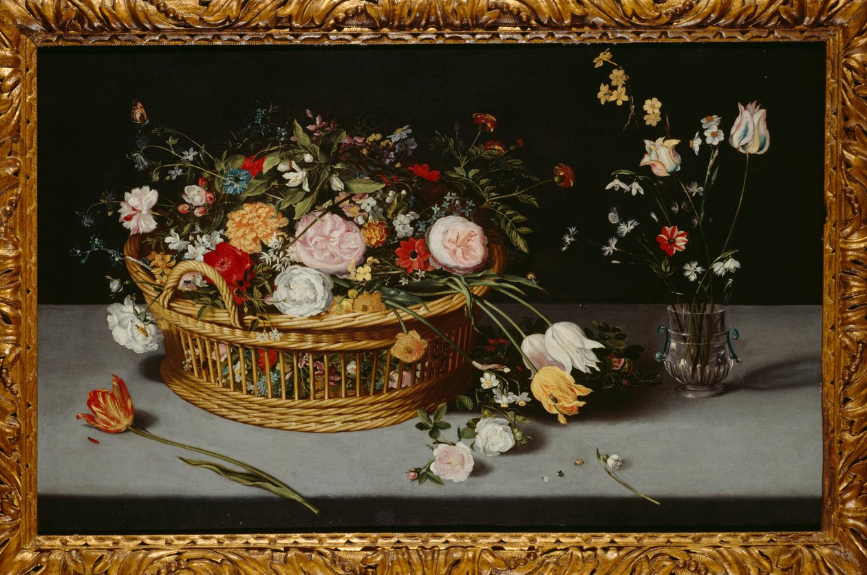 Stilleven met mand en vaas met bloemen door Jan the Younger Brueghel