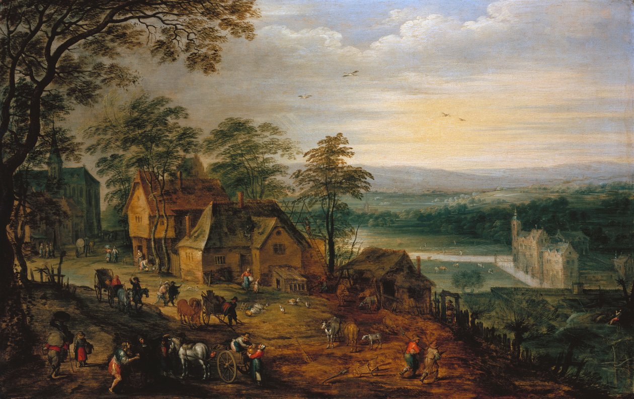 Dorpsstraat met figuren en karren, een ommuurd kasteel op de achtergrond door Jan Brueghel the Younger