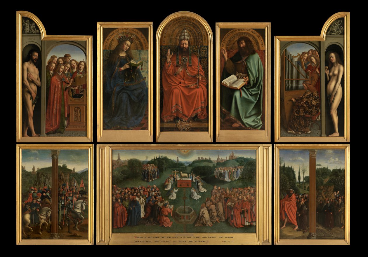 De aanbidding van het Lam (olieverf op doek) door Jan van (after) Eyck