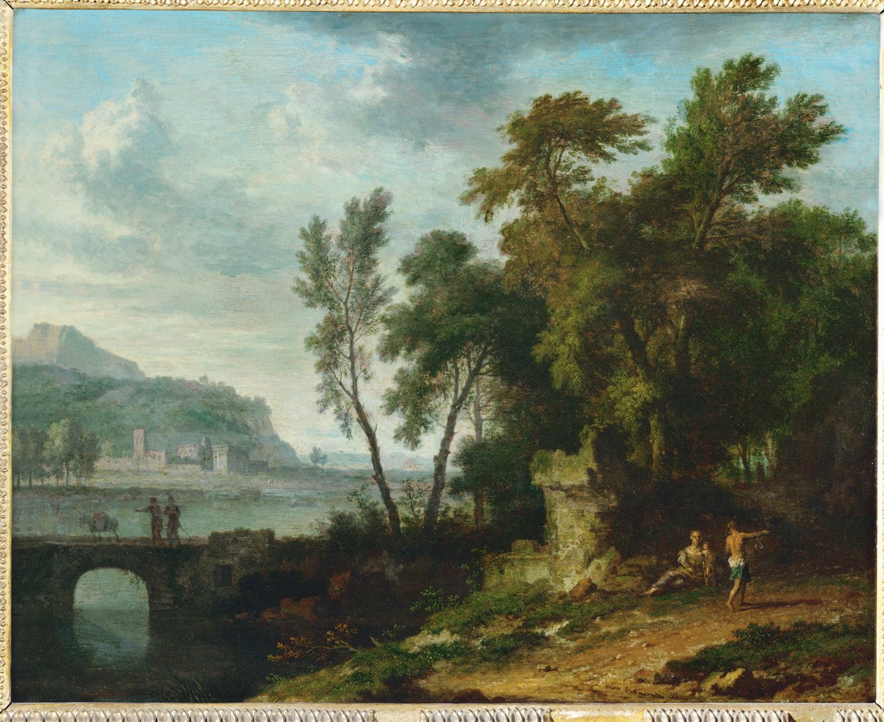Levendig landschap met ruïnes en brug ... door Jan van (follower of) Huysum