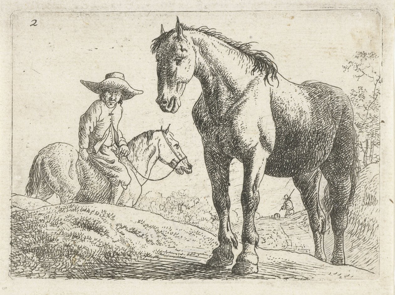 Een paard, een man te paard op de achtergrond door Jan van Aken