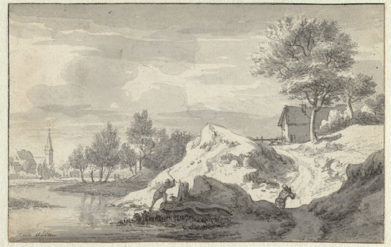 Landschap met figuren die hout hakken aan de oever van een rivier door Jan van Aken
