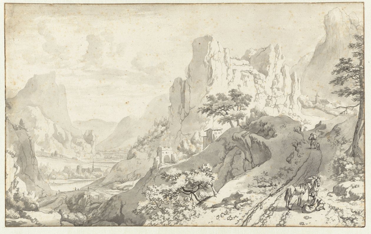 Berglandschap met reizigers op een weg door Jan van Aken