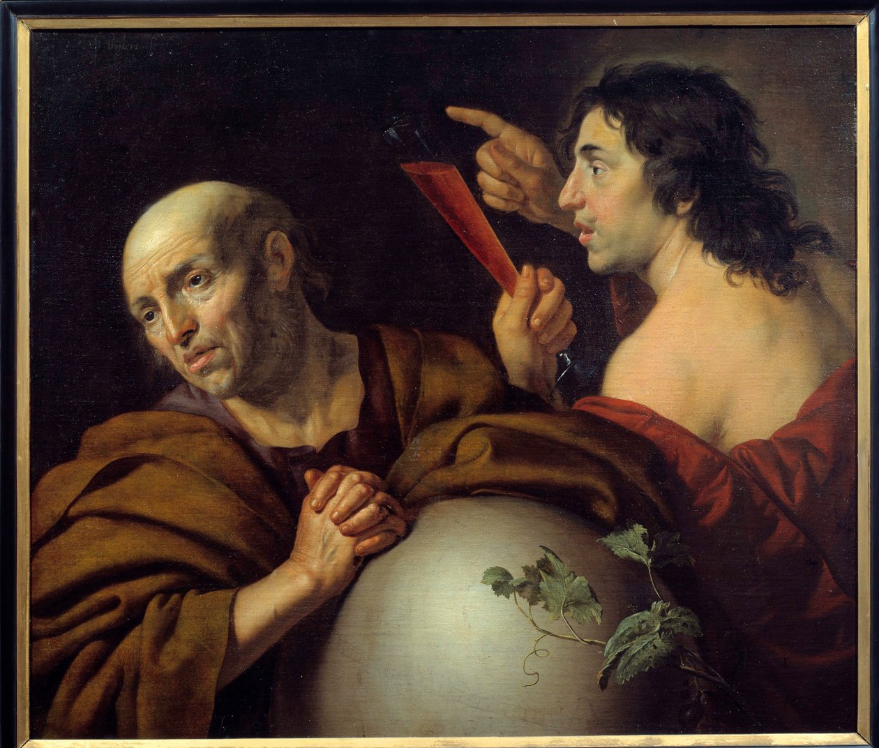 Heraclitus en Democritus De Griekse filosofen Heraclitus van Ephese (Heraclitus) (535-475 v.Chr.) en Democritus (Democritus) (460-370 v.Chr.). Schilderij door Jan van Bijlert (1597-1671) 17e eeuw Utrecht. Centraal Museum door Jan van Bijlert or Bylert