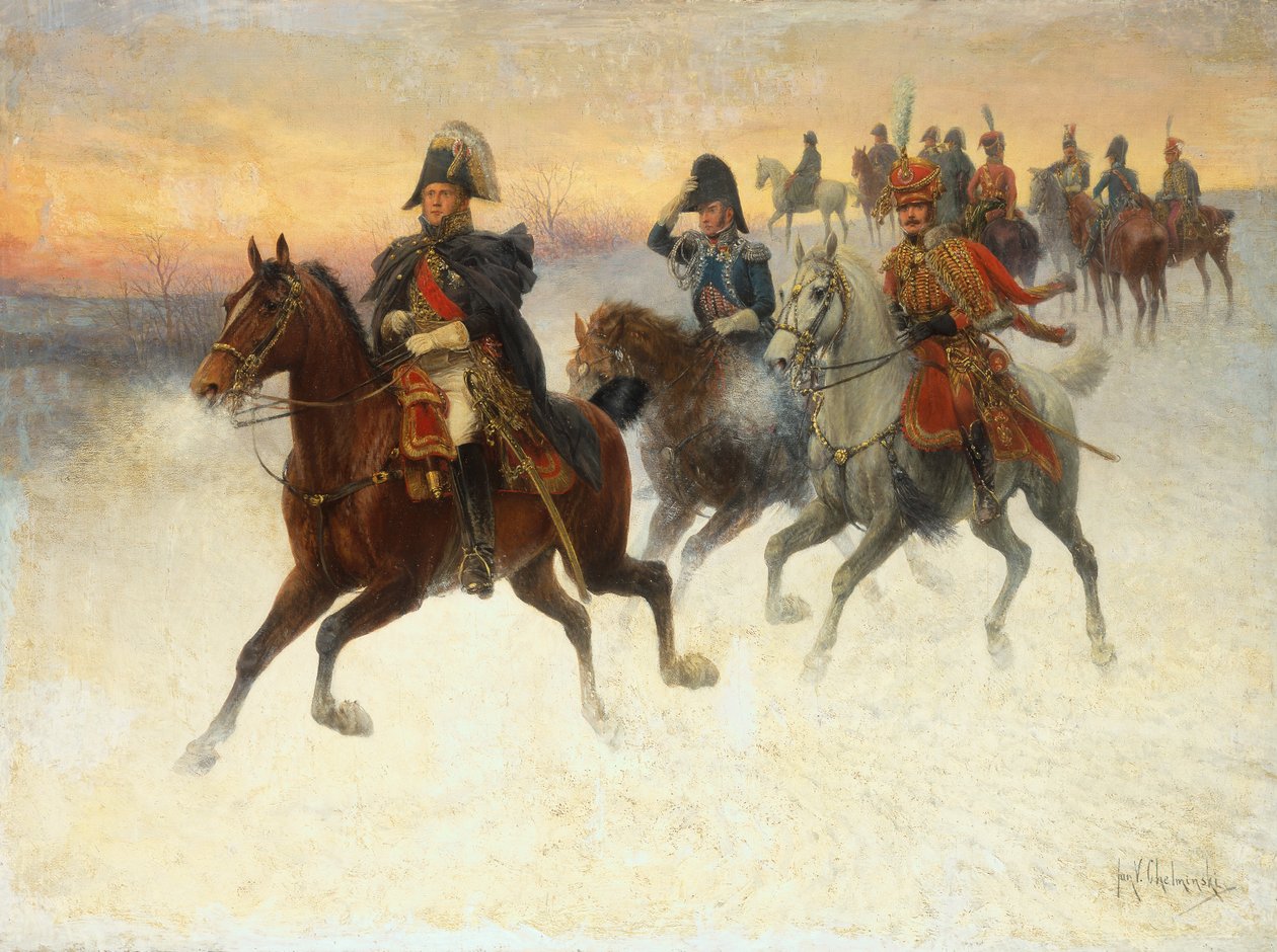 Maarschalk Ney en Napoleon en hun troepen tijdens de Russische campagne door Jan van Chelminski