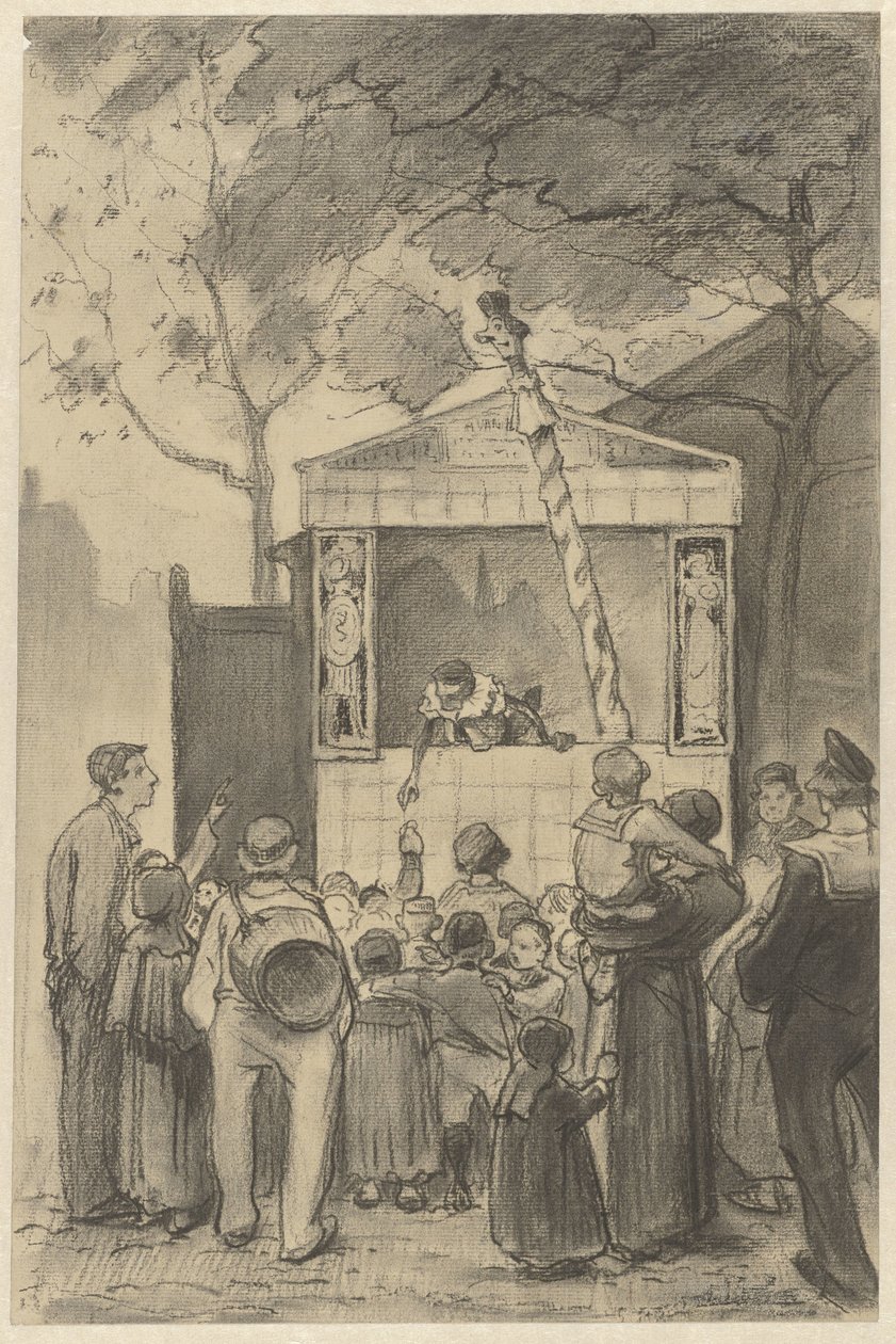 Toeschouwers voor een poppenkast door Jan van Essen (possibly)