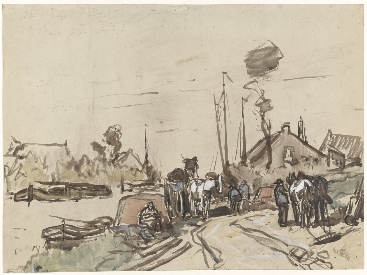 Het lossen van karren bij een vaart door Jan van Essen