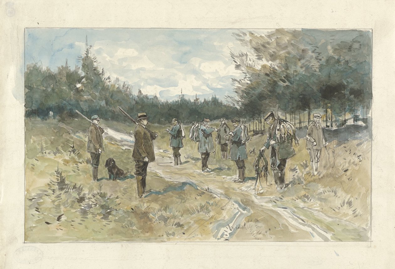 Landschap met groep jagers na de jacht op de Leusderhei door Jan van Essen