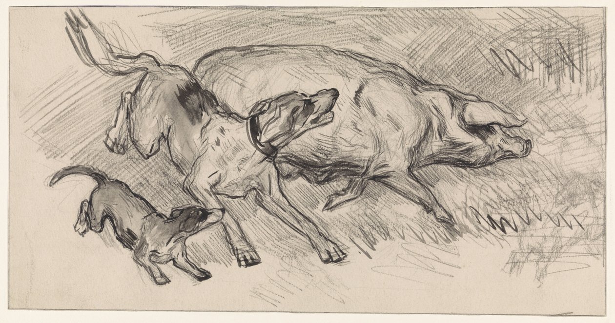 Twee honden die een varken opjagen door Jan van Essen