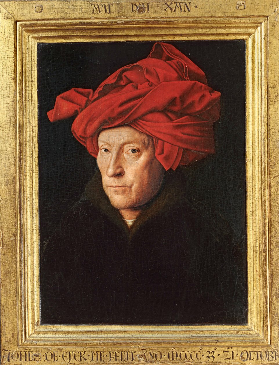 Een man met een rode tulband ... (schilderij op hout) door Jan van Eyck
