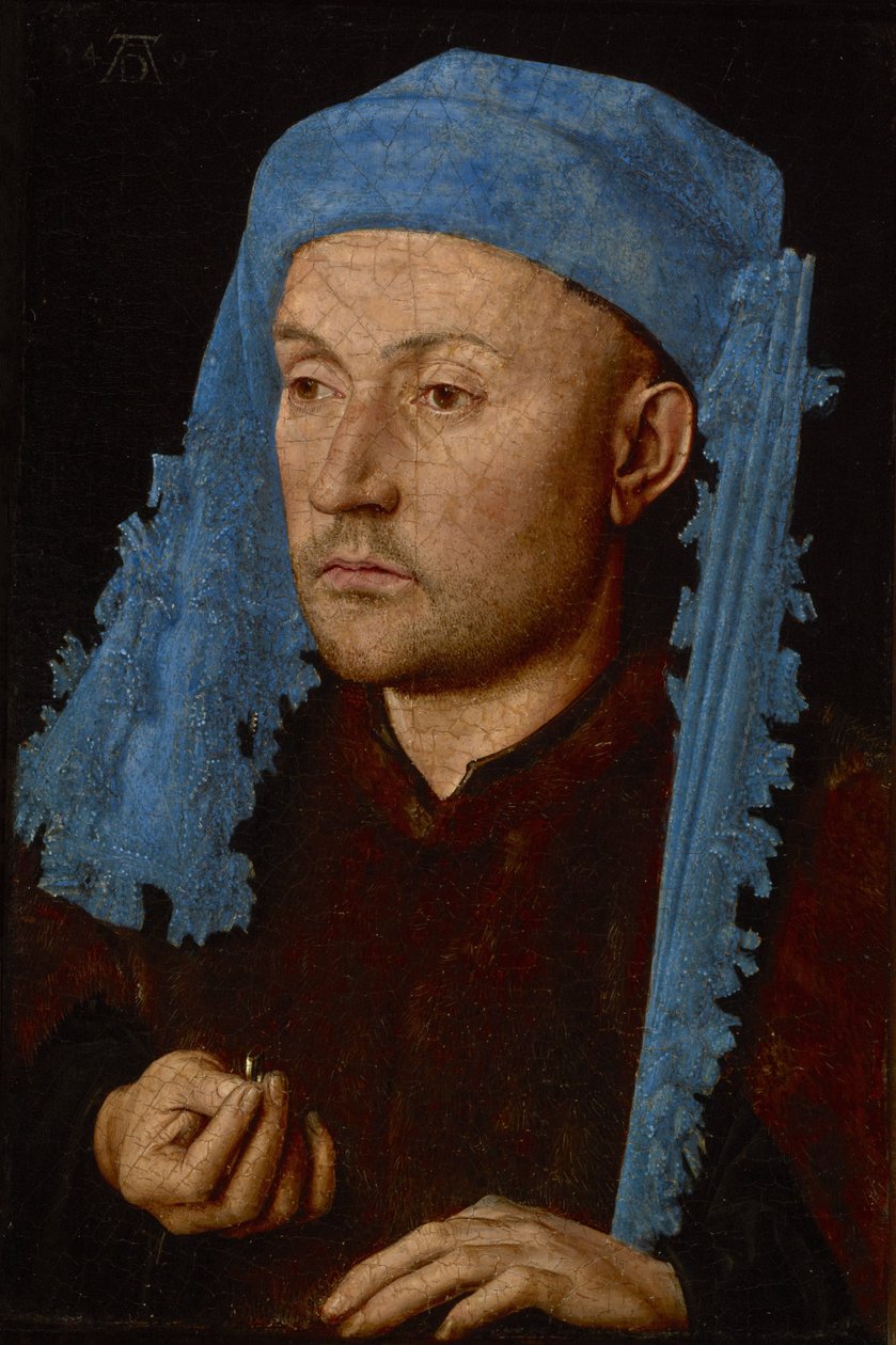 Nederlands: Portret van onbekende man met blauwe kaproen Man met blauwe kap / Man with a Ring / Portret van onbekende man met blauwe kap door Jan van Eyck