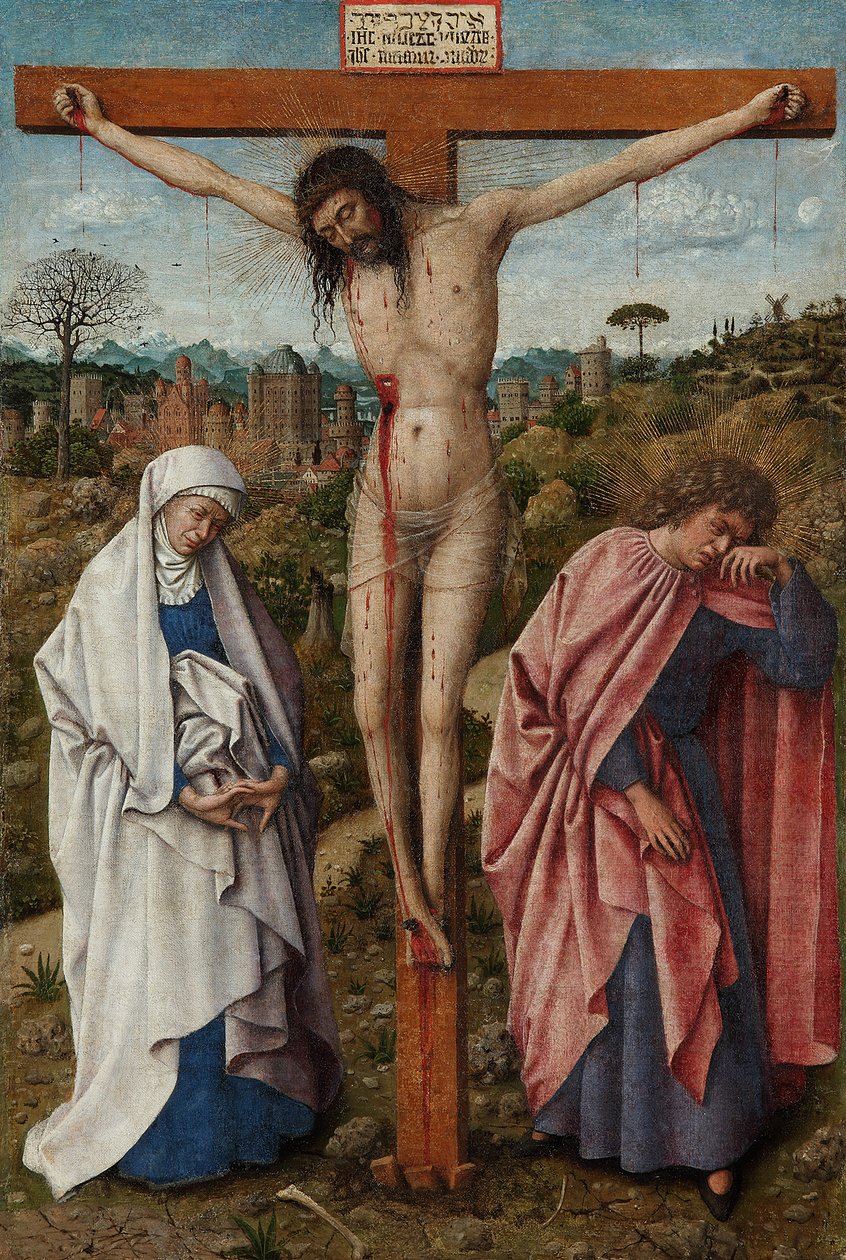Duits: Die Kreuzigung Christi Christus aan het kruis met de Maagd en Sint Jan door Jan van Eyck
