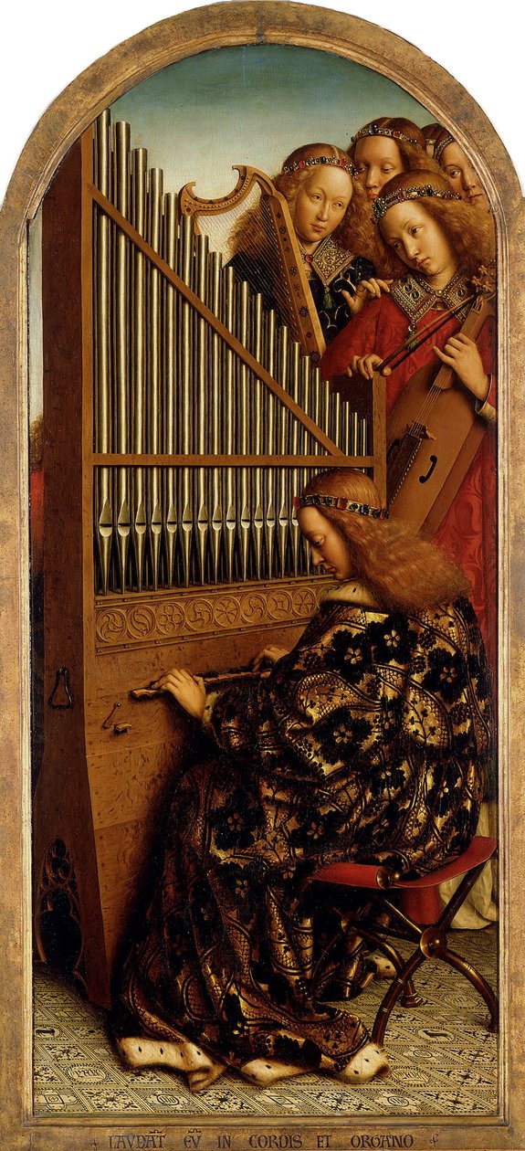 Het Lam Gods. Aanbidding van het Mystieke Lam: Muziekmakende Engelen, 1432. door Jan van Eyck