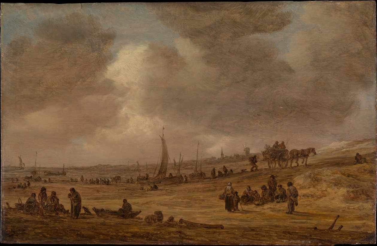 Een strand met vissersboten door Jan van Goyen
