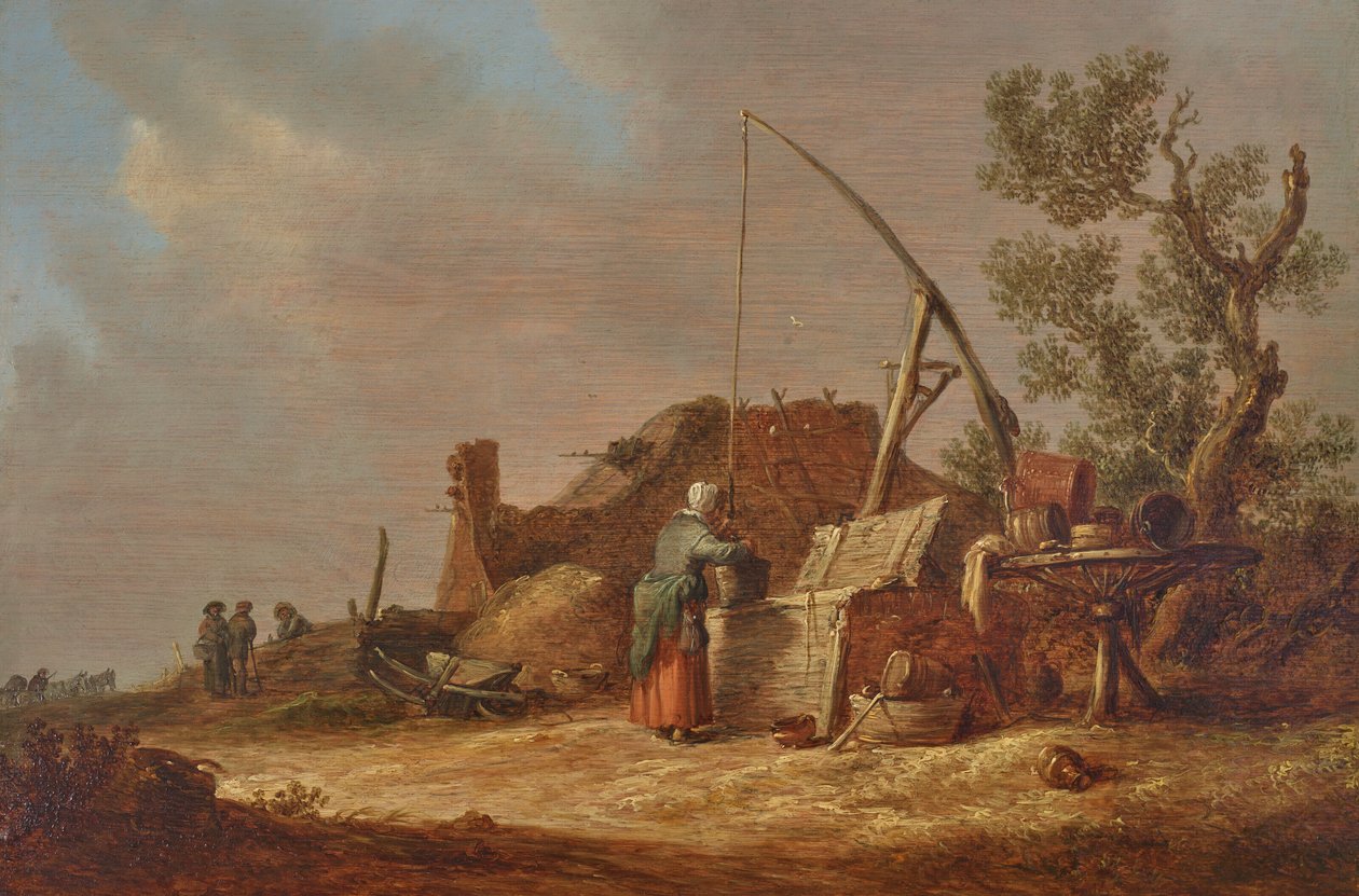 Een landschap met een vrouw bij een bron door Jan van Goyen
